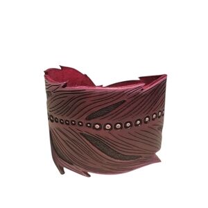 Handcrafted Genuine Tooled Leather Feather Leather Cuff Bracelet Deep Magenta